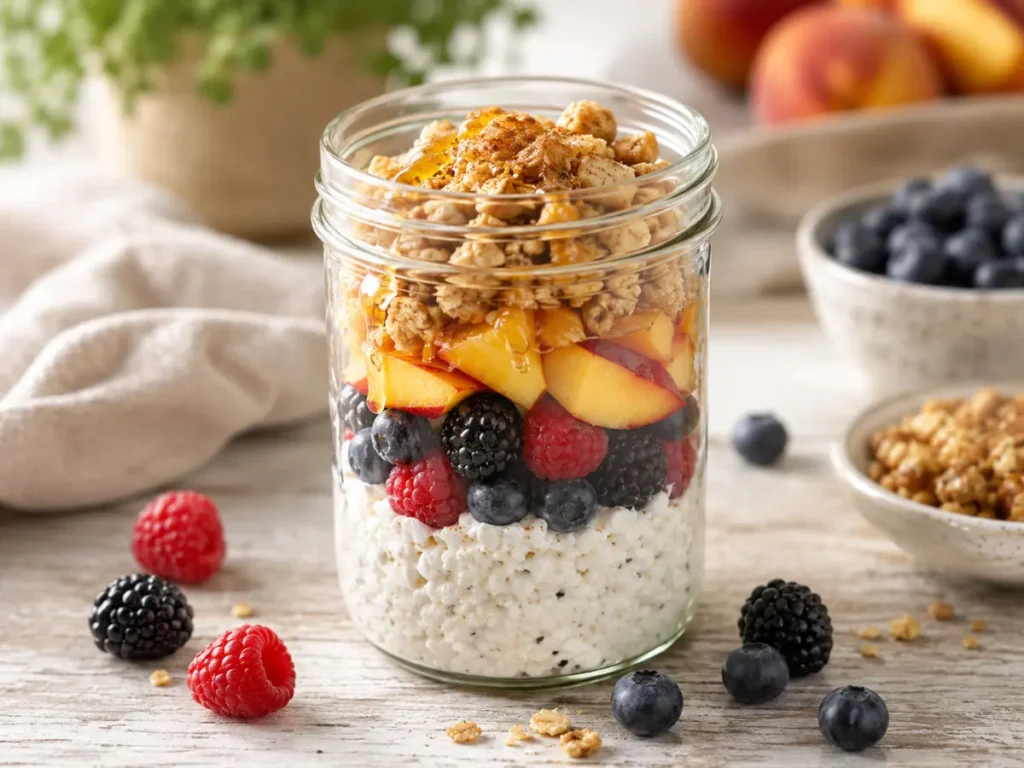Sweet cottage cheese snack jar with berries, granola and a drizzle of honey in a mason jar