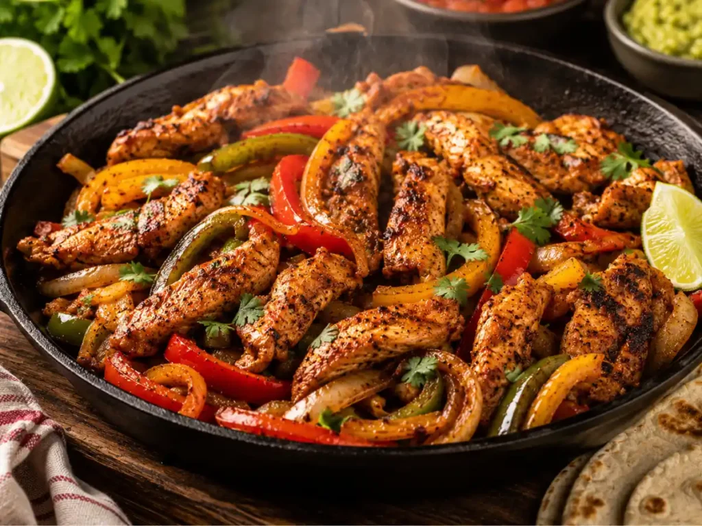 Chicken fajitas made with homemade fajita seasoning sizzling in a skillet