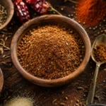 Homemade chicken fajita seasoning in a wooden bowl surrounded by spices