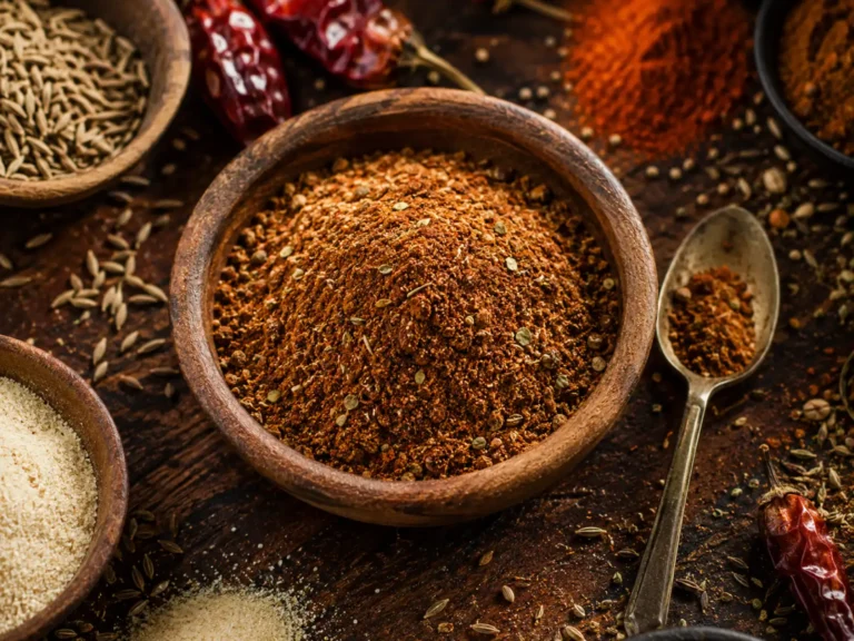 Homemade chicken fajita seasoning in a wooden bowl surrounded by spices