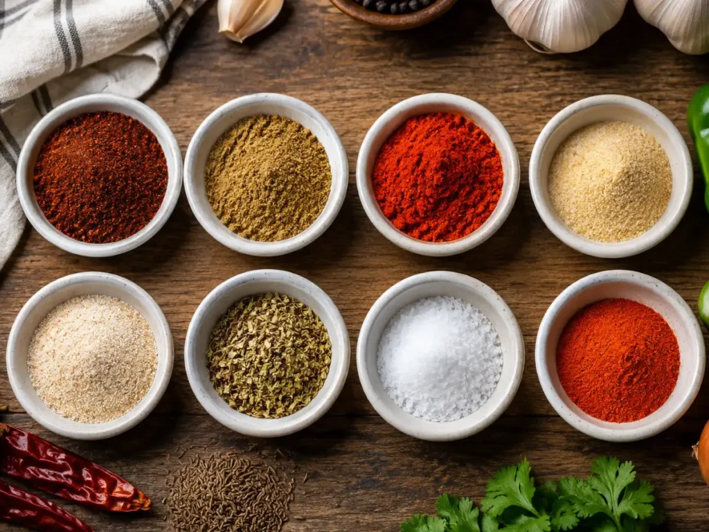 Individual spices for homemade chicken fajita seasoning in small bowls