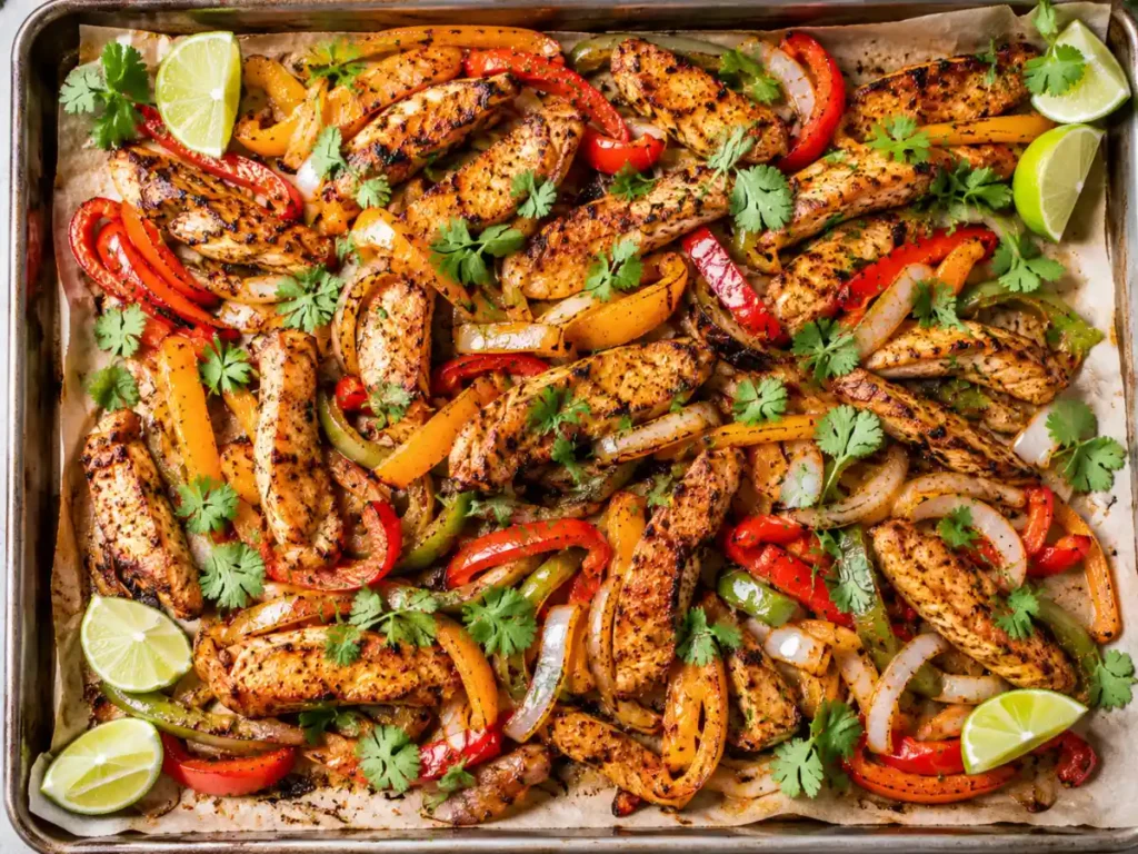 Sheet pan chicken fajitas with roasted peppers and onions