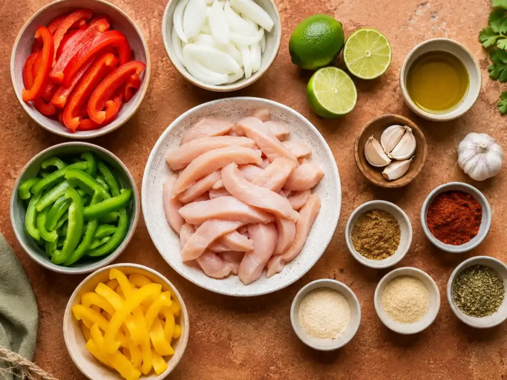 Fresh chicken fajita ingredients including chicken, bell peppers, onions and spices