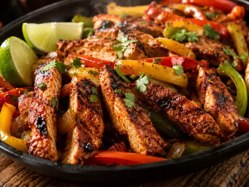 Grilled chicken fajita strips cooked from the marinade with char marks