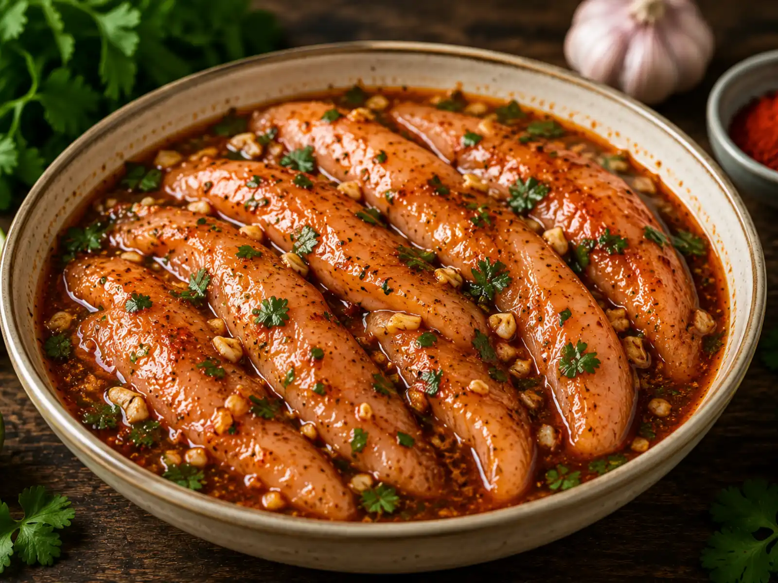 Chicken strips marinating in a zesty lime and spice chicken fajita marinade
