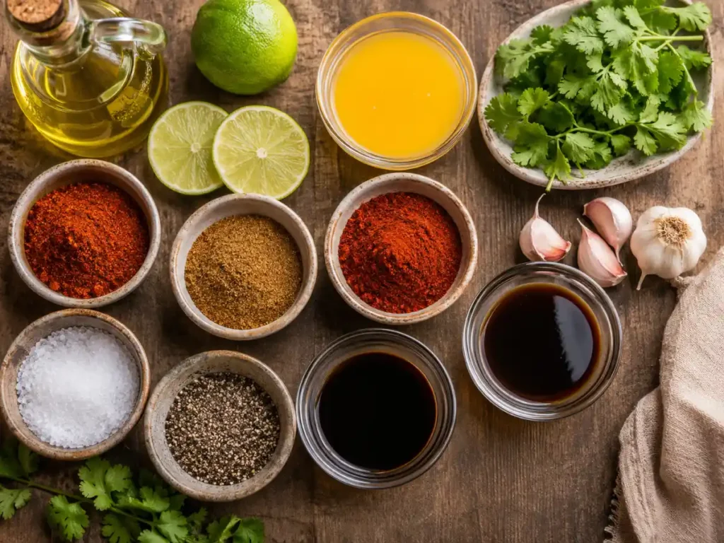 Ingredients for chicken fajita marinade including lime, oil, garlic and spices