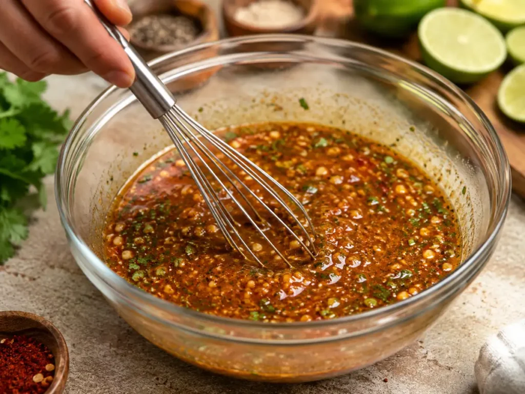 Whisking together a chicken fajita marinade in a bowl 
