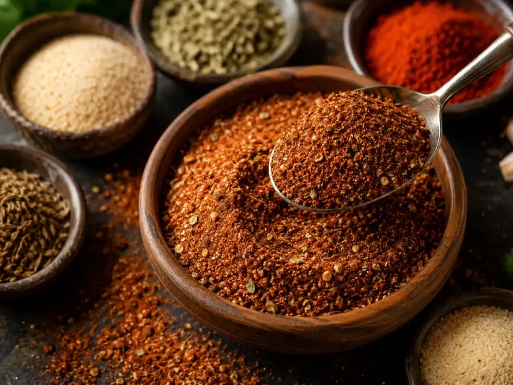 Homemade chicken fajita seasoning blend in a small bowl with spices