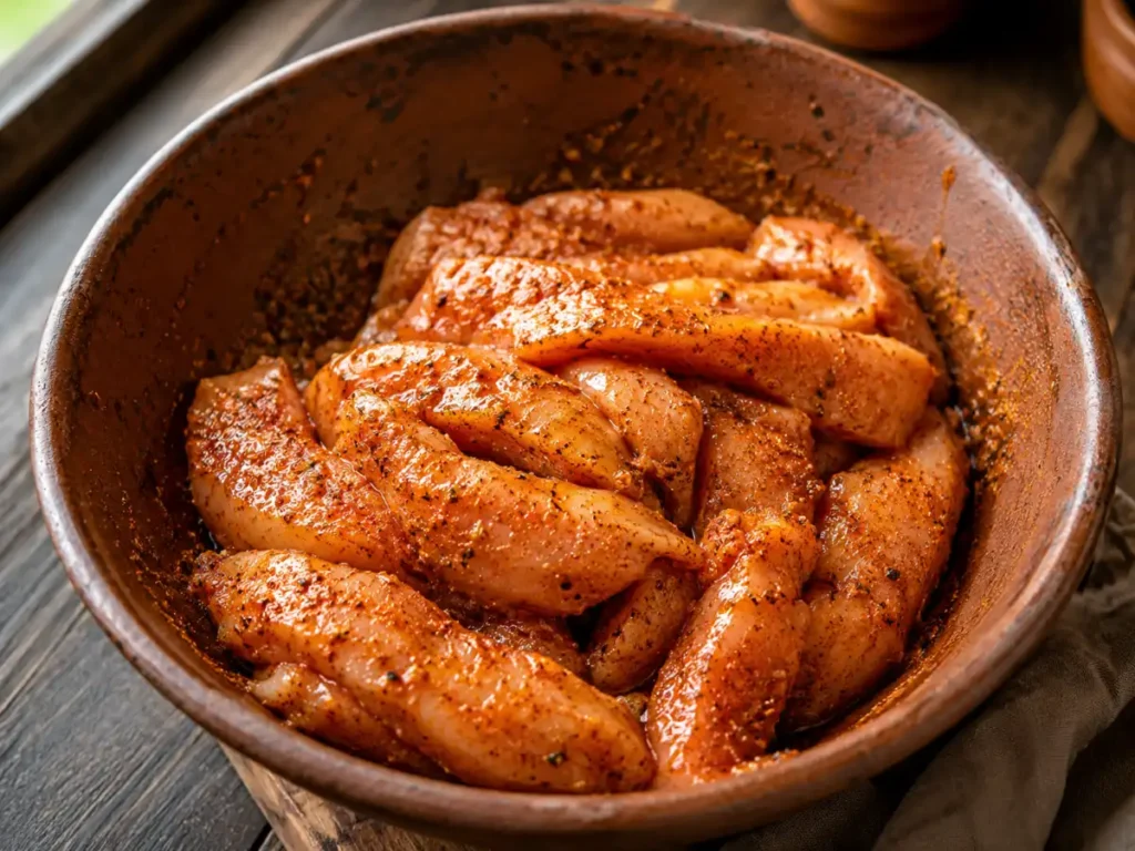 Raw chicken strips tossed with homemade fajita seasoning and oil in a bowl