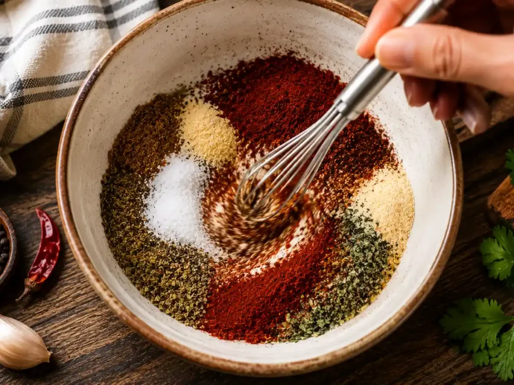 Whisking together homemade chicken fajita seasoning spices in a bowl