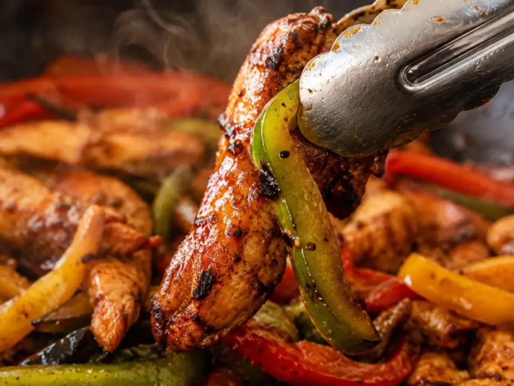 Hands assembling a chicken fajita on a warm tortilla with toppings