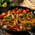 Sizzling chicken fajitas in a cast-iron skillet with peppers, onions and lime