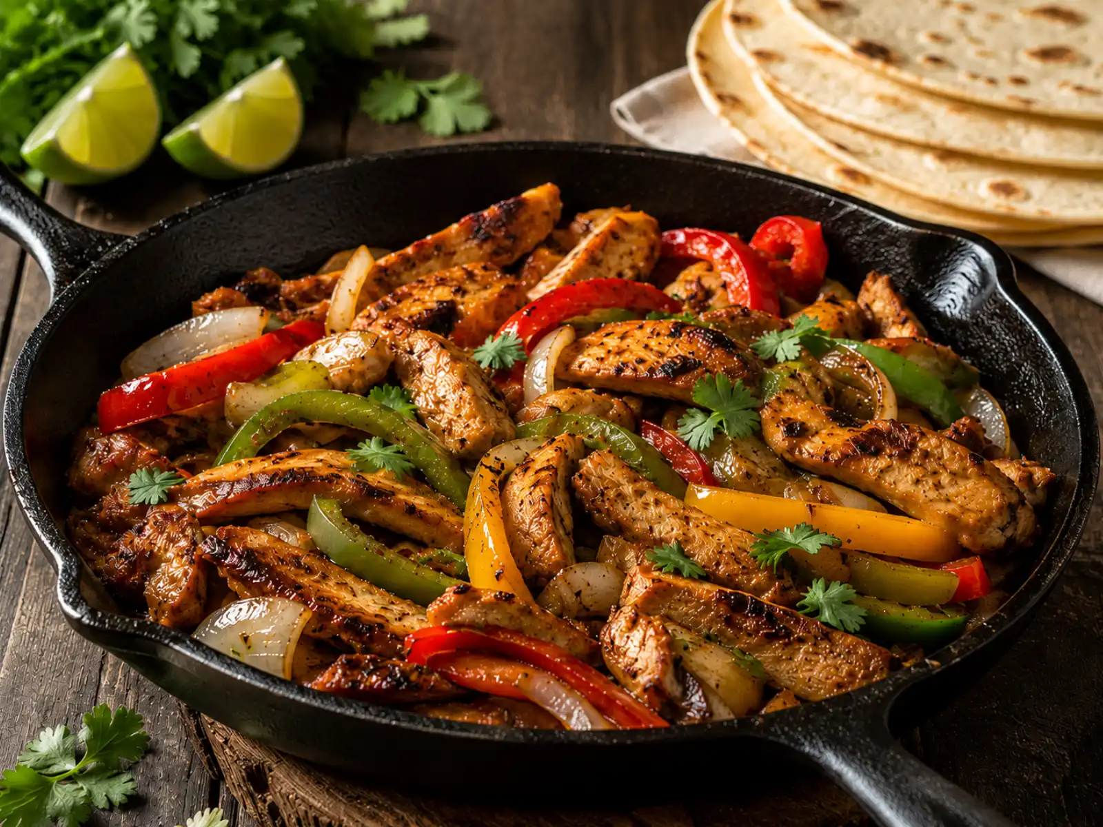 Sizzling chicken fajitas in a cast-iron skillet with peppers, onions and lime