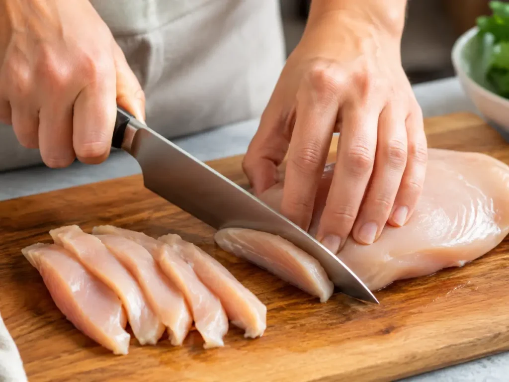 Slicing chicken breast into thin even strips for fajitas on a cutting board