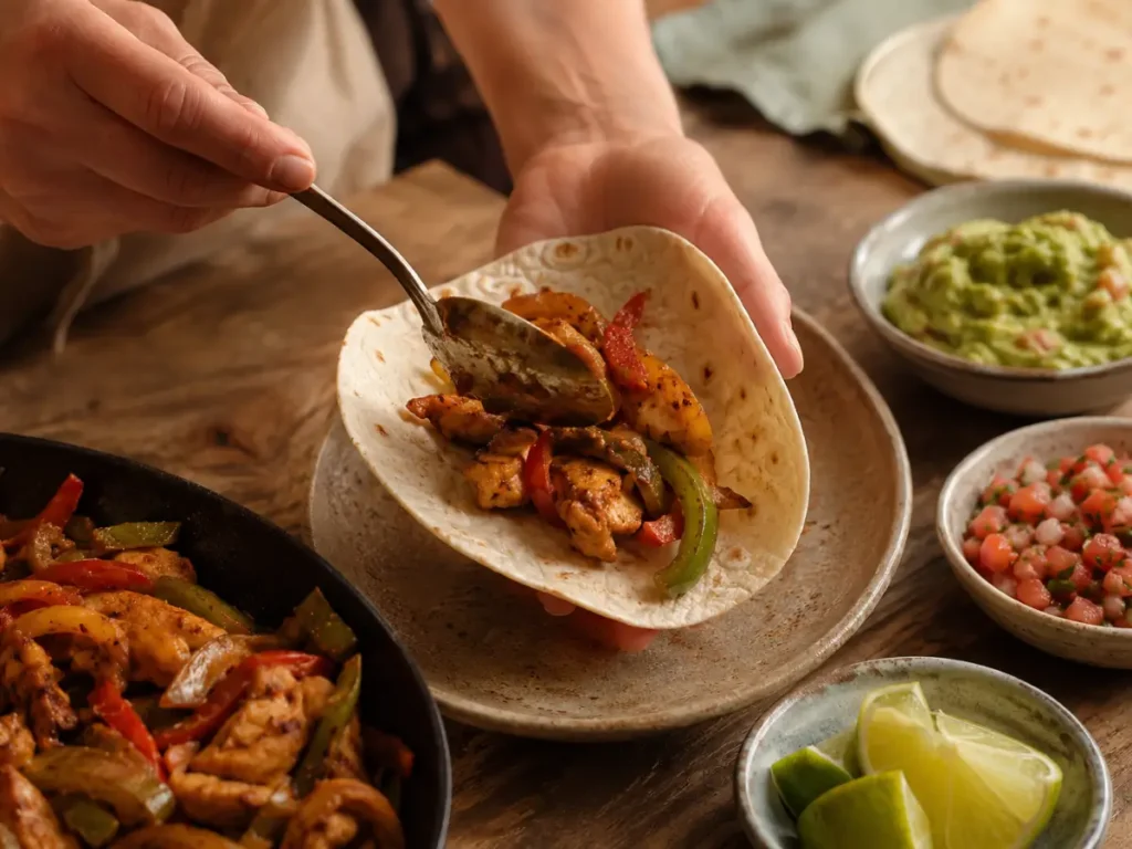 Close-up of a charred juicy chicken fajita strip with blistered peppers