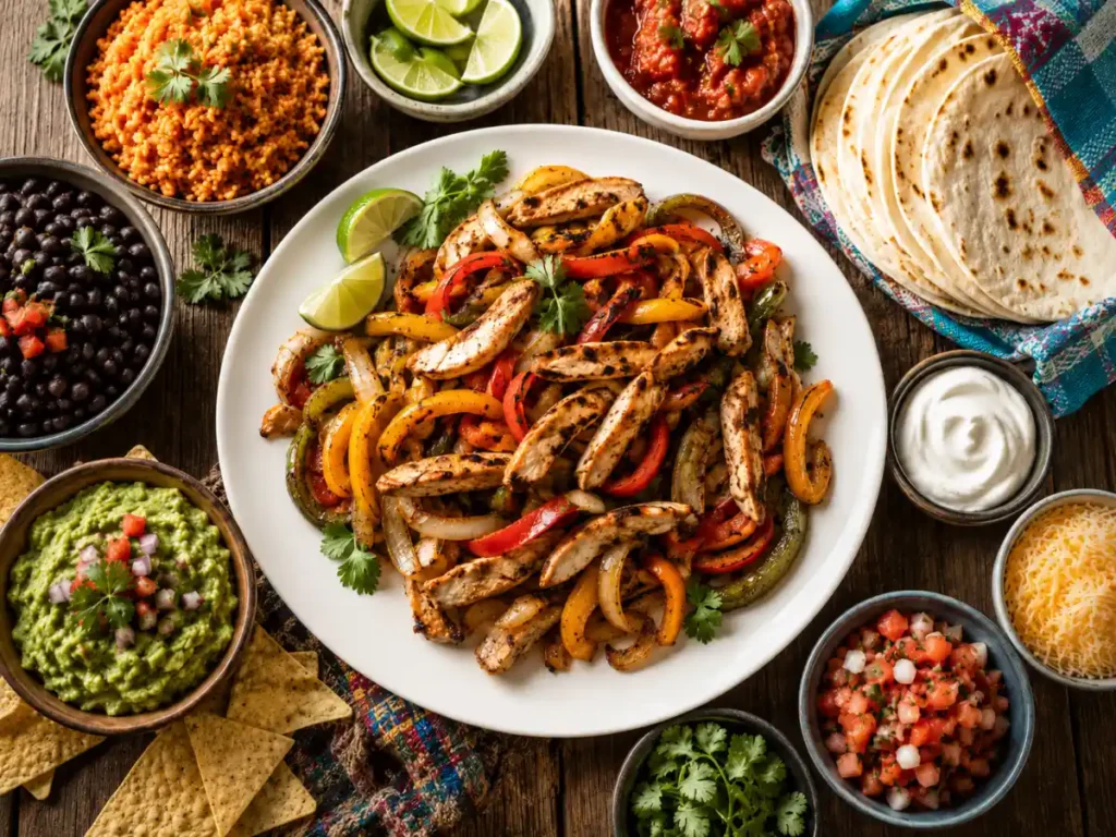 Chicken fajitas served with Mexican rice, beans, guacamole and toppings