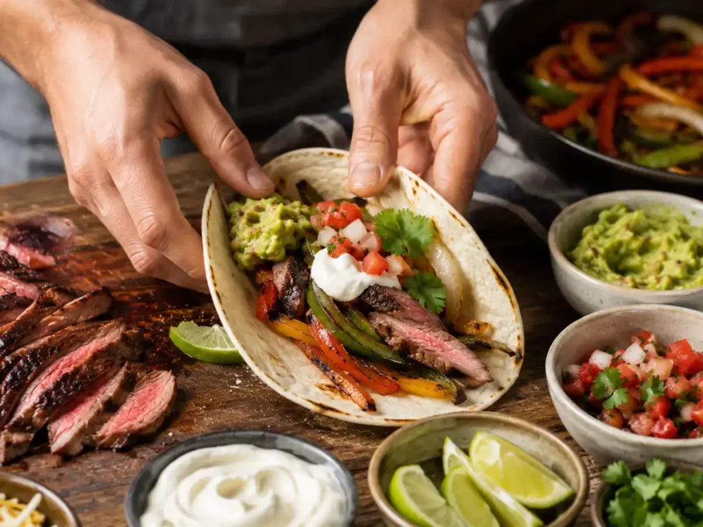 Hands assembling a flank steak fajita on a warm tortilla with toppings
