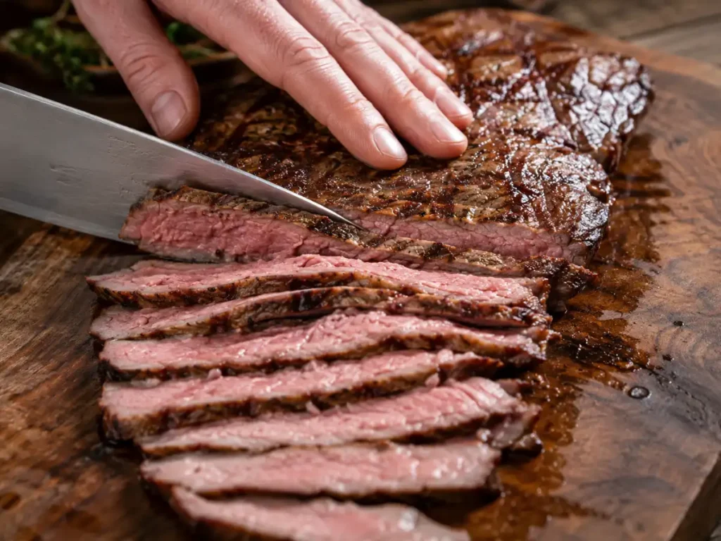 Slicing flank steak thinly against the grain with a sharp knife on a cutting board