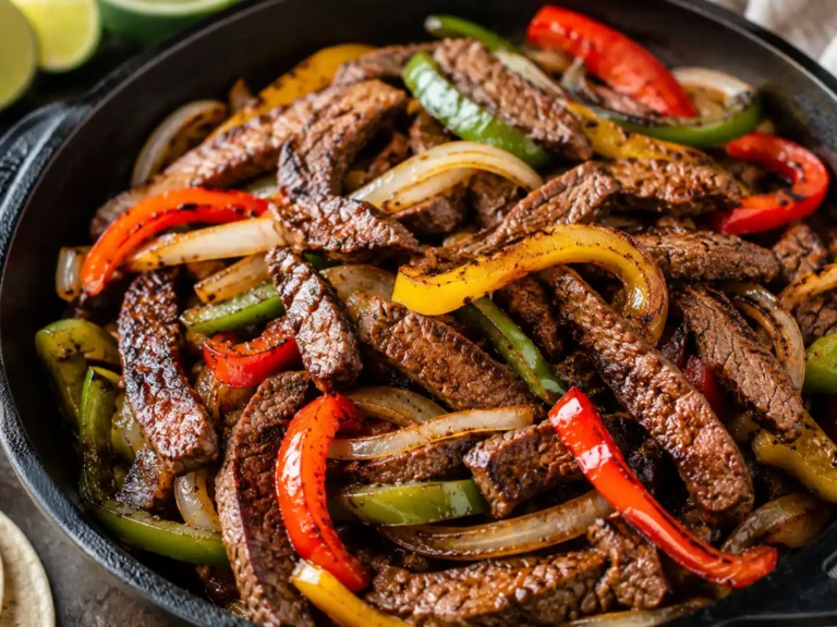 Flank Steak Fajitas (Three Ways: Skillet, Grill or Oven) Sizzling flank steak fajitas with charred peppers and onions in a cast-iron skillet