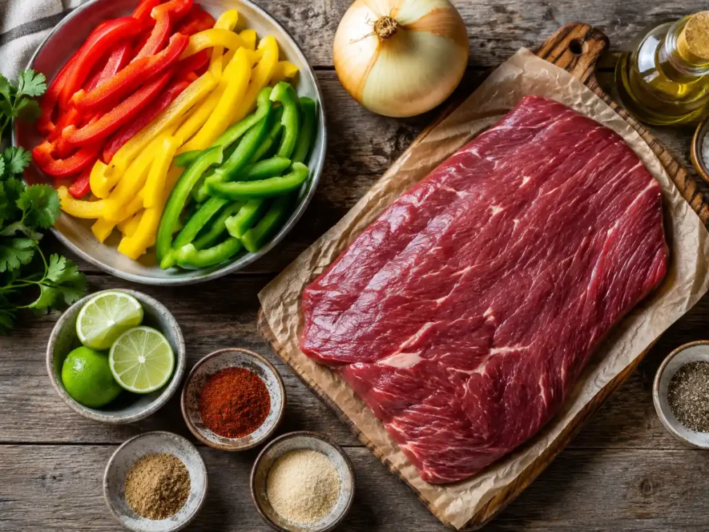 Ingredients for flank steak fajitas including flank steak, bell peppers, onions and spices