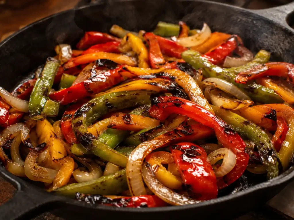 Charred blistered bell peppers and onions in a hot cast-iron skillet