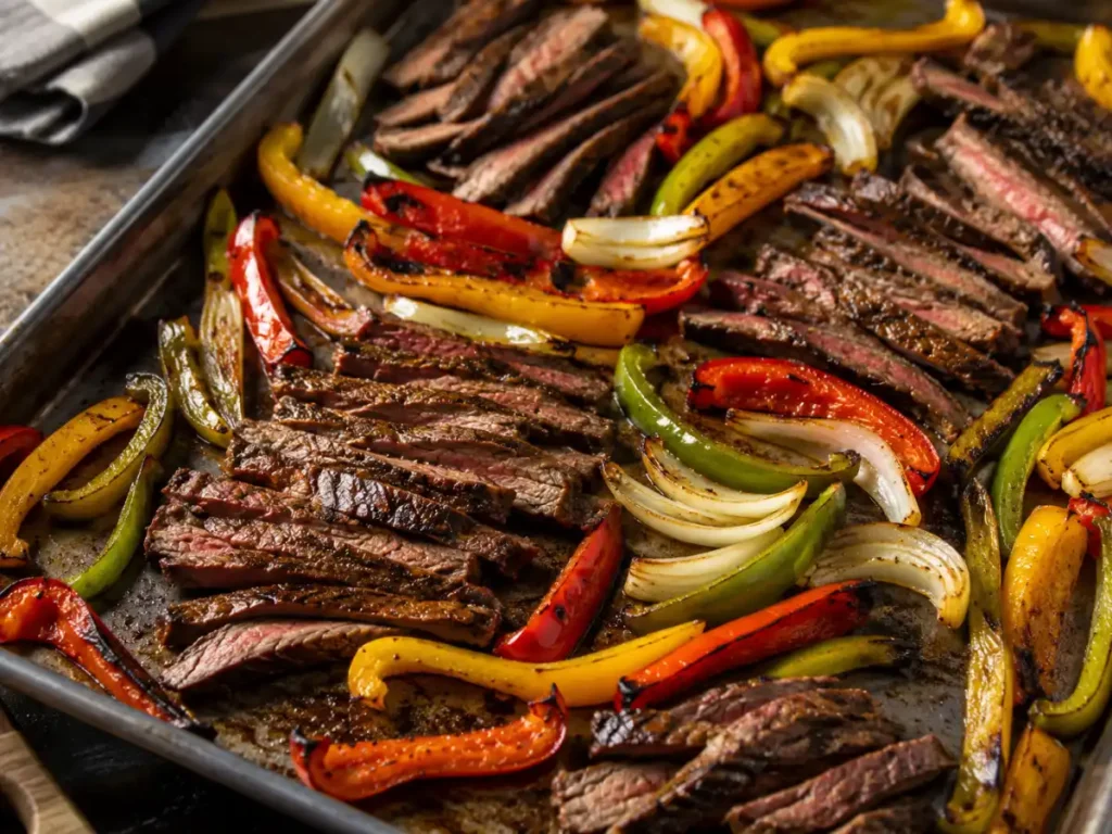 Sheet pan flank steak fajitas with roasted peppers and onions spread out for char