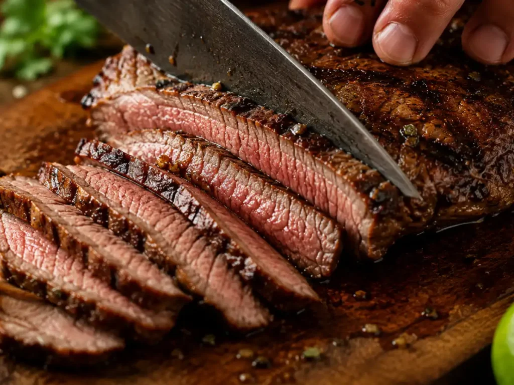 Slicing marinated steak thinly against the grain with a knife