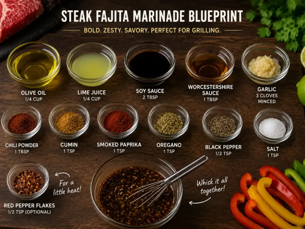 The components of a steak fajita marinade — oil, lime juice, soy sauce and spices in separate jars