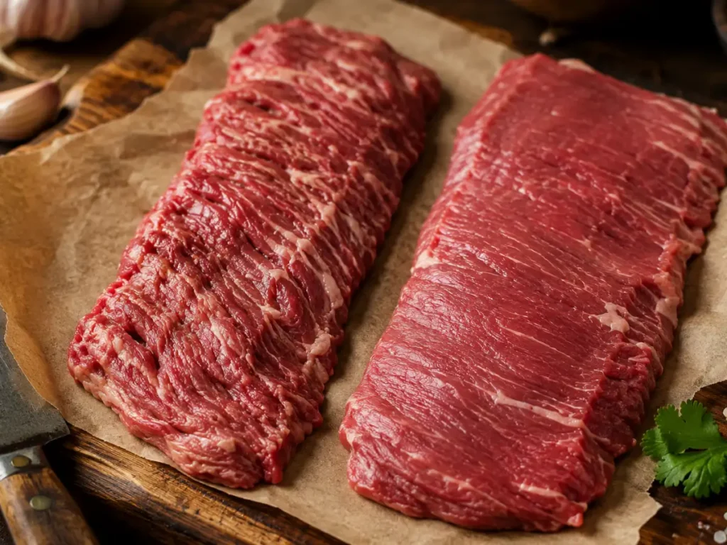 Skirt steak and flank steak side by side showing the difference in grain