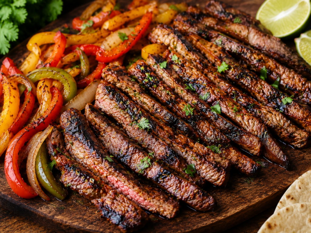 Grilled marinated steak fajita strips sliced and served with peppers
