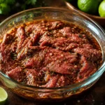 Steak strips marinating in a zesty lime and spice steak fajita marinade