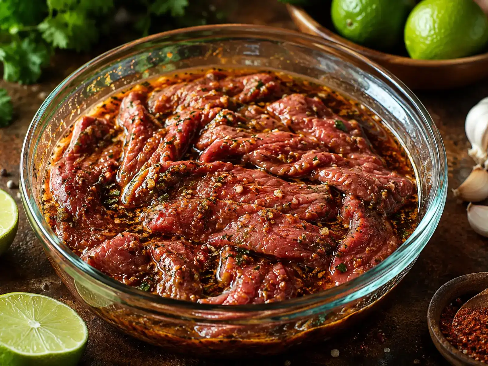 Steak strips marinating in a zesty lime and spice steak fajita marinade