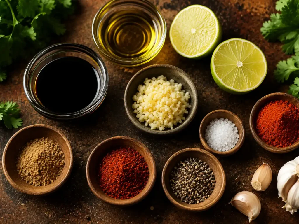 Ingredients for steak fajita marinade including lime, oil, soy sauce, garlic and spices