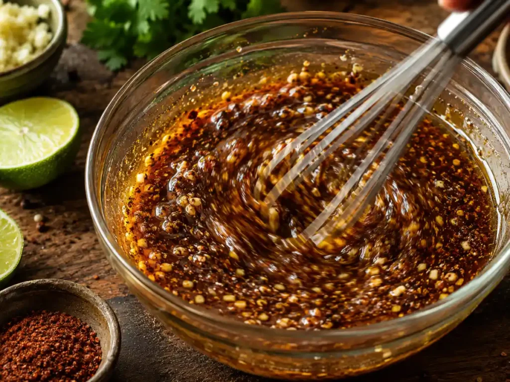Whisking together a steak fajita marinade in a glass bowl