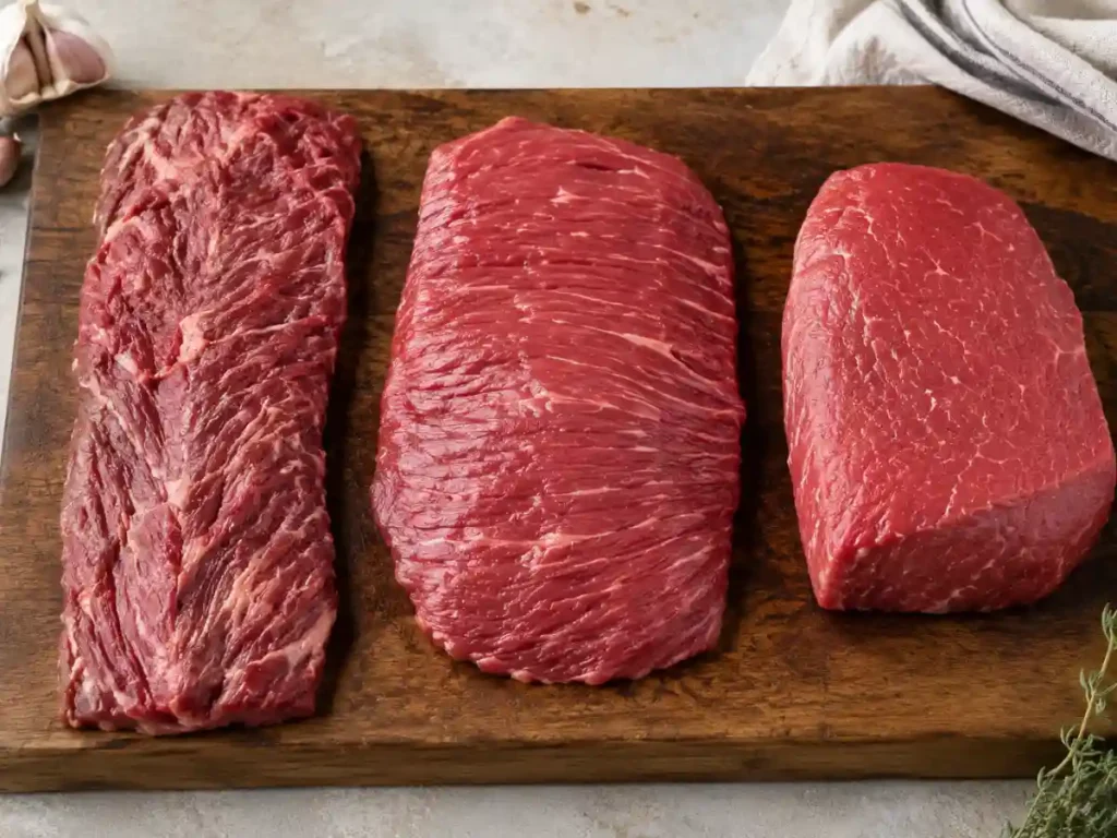 Skirt steak, flank steak and sirloin side by side showing the difference in cut and grain
