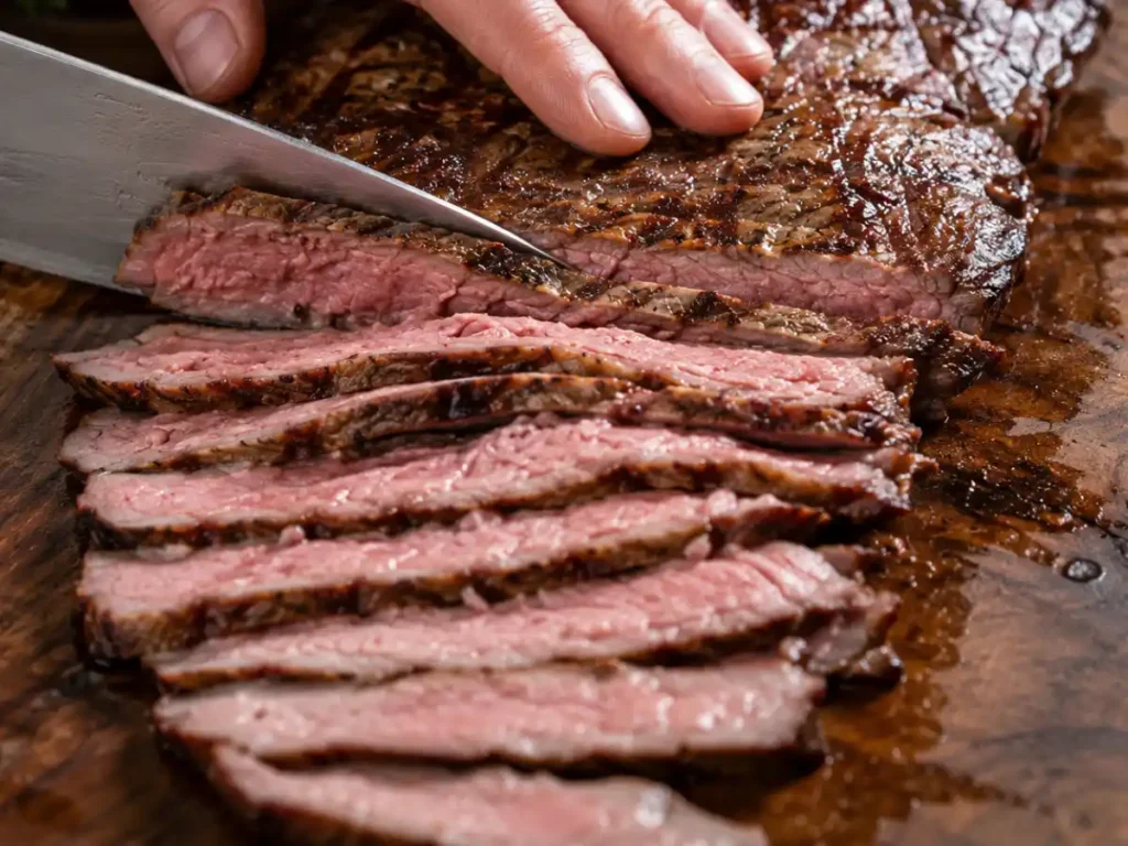 Slicing cooked steak thinly against the grain for fajitas on a cutting board