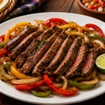 Sizzling sliced steak fajitas with charred peppers and onions in a cast-iron skillet