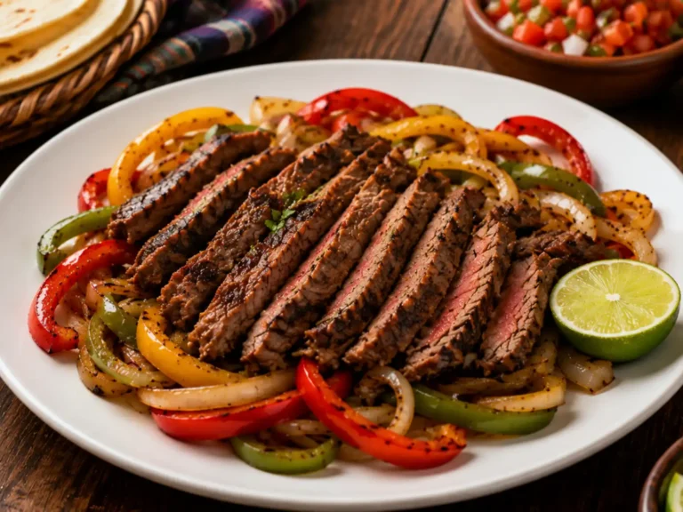 Steak Fajitas (The Complete Guide + Easy Recipe) Sizzling sliced steak fajitas with charred peppers and onions in a cast-iron skillet