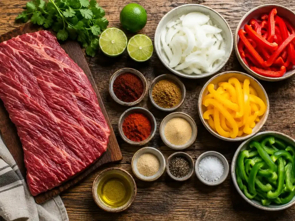 Ingredients for steak fajitas including steak, bell peppers, onions, lime and spices