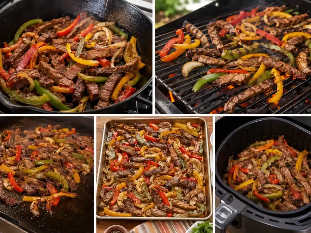 Steak fajitas cooking on a flat-top griddle with peppers and onions