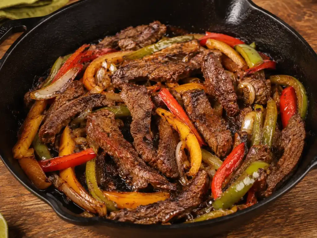 Searing marinated steak in a hot cast-iron skillet for fajitas