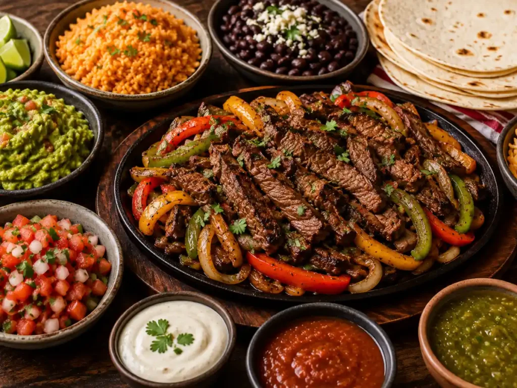 Steak fajitas served with rice, beans, guacamole and toppings