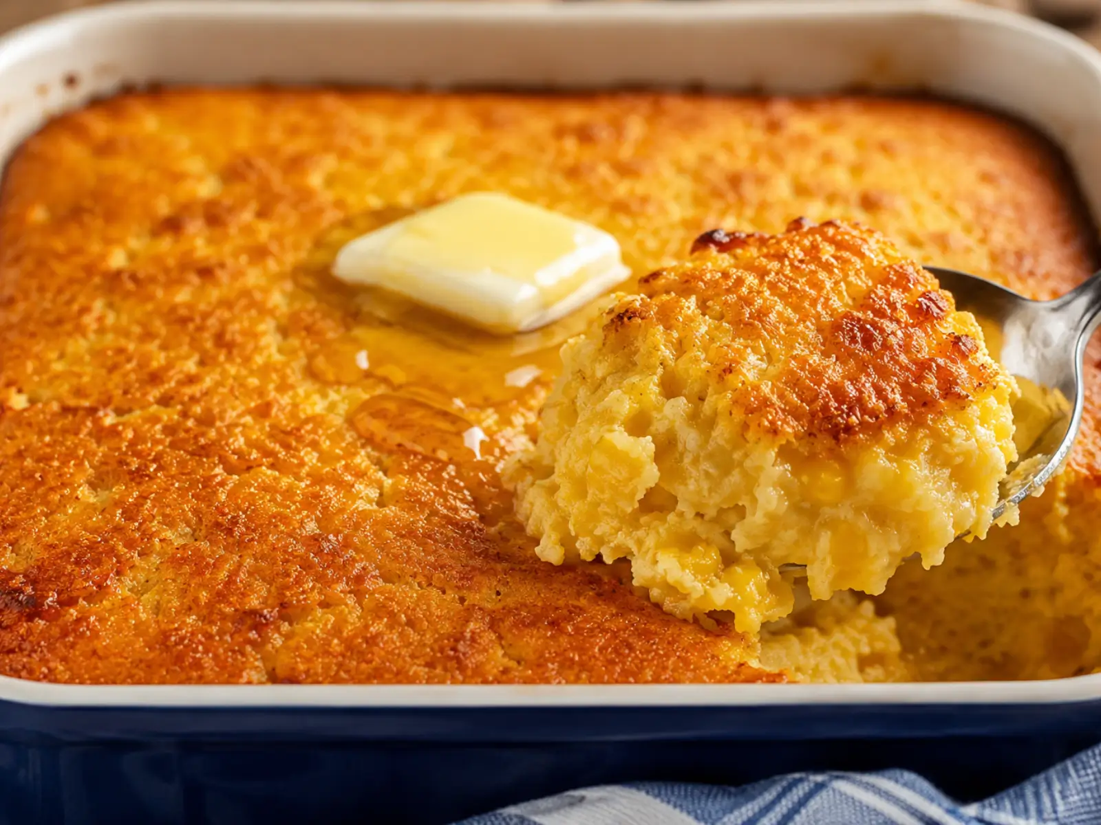 Creamy golden cornbread casserole served warm from a baking dish