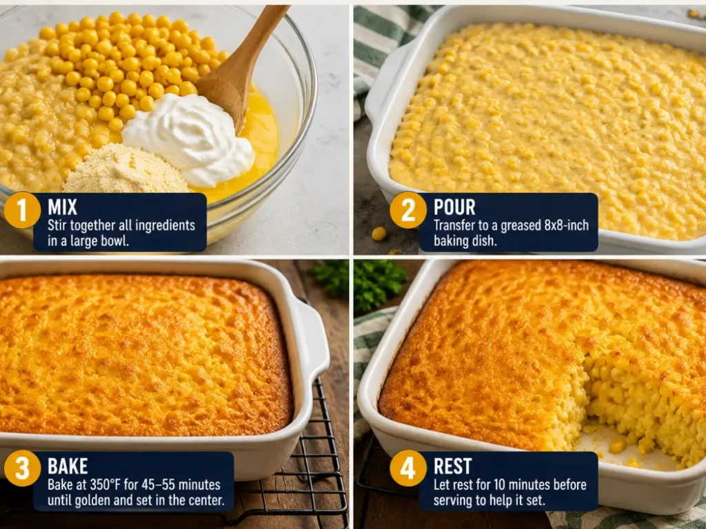 Step-by-step corn casserole recipe showing the mixture being combined, poured into an 8×8-inch baking dish, baked at 350°F until golden, and rested for 10 minutes before serving.