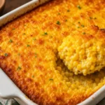 golden creamy corn casserole in a baking dish, scoop taken