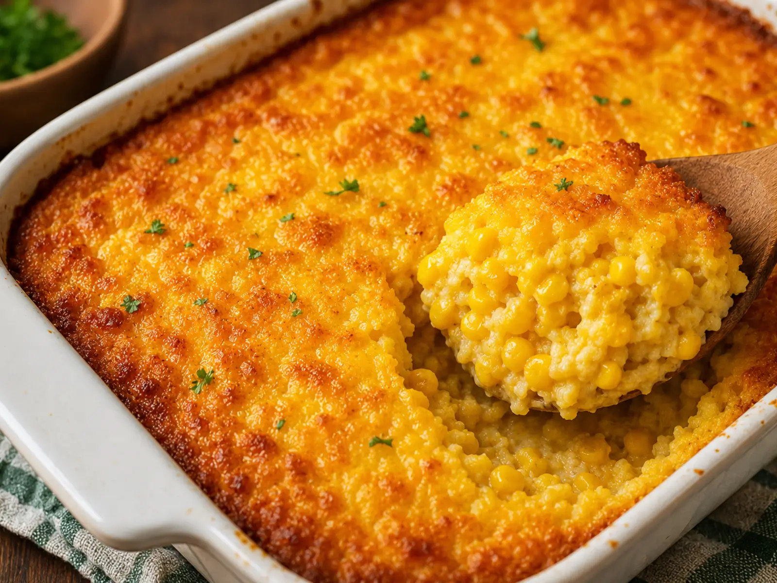 golden creamy corn casserole in a baking dish, scoop taken