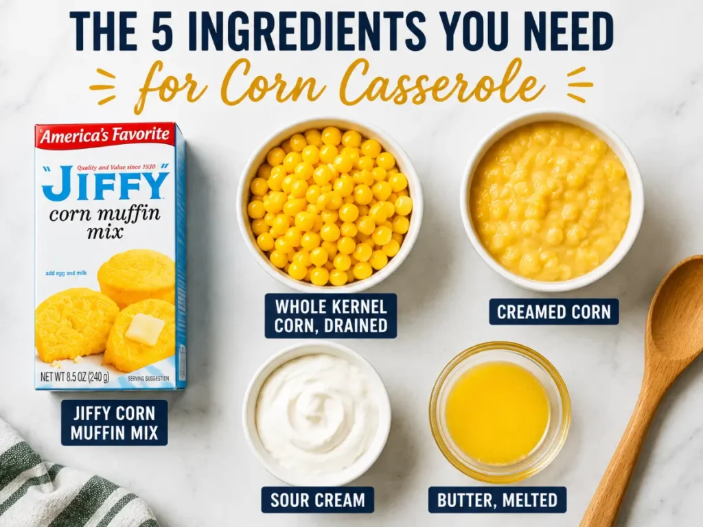 Five ingredients for corn casserole: Jiffy corn muffin mix, drained whole kernel corn, creamed corn, sour cream, and melted butter arranged on a light surface.