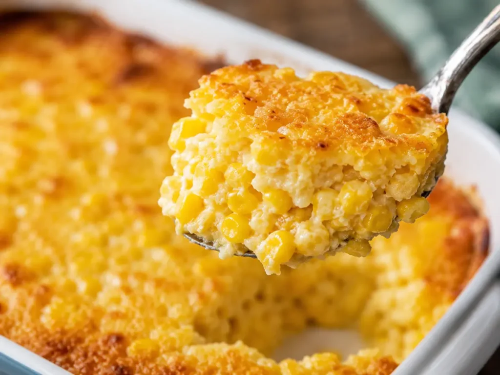 Creamy corn casserole scoop with golden browned top and sweet corn kernels in a white baking dish.