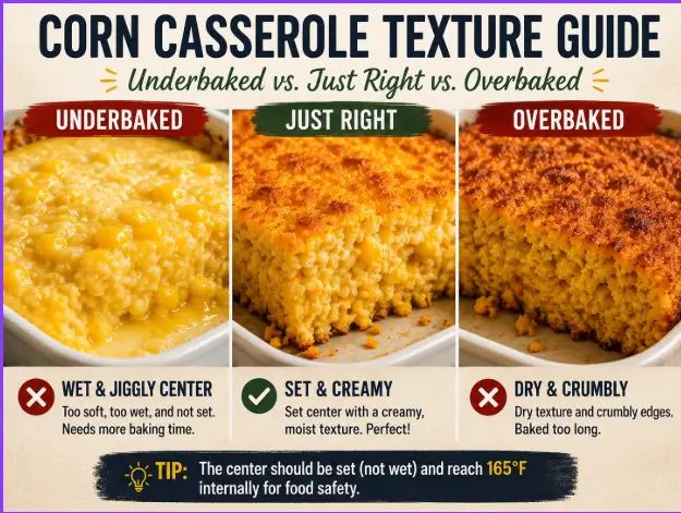 Corn casserole texture guide comparing underbaked, perfectly baked, and overbaked casserole, showing wet and jiggly, set and creamy, and dry and crumbly textures.