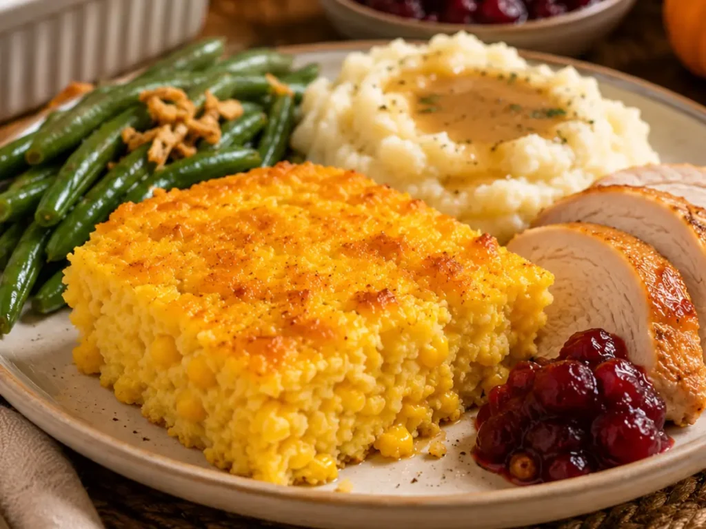 Thanksgiving plate featuring golden corn casserole with roast turkey, mashed potatoes and gravy, green beans, and cranberry sauce.